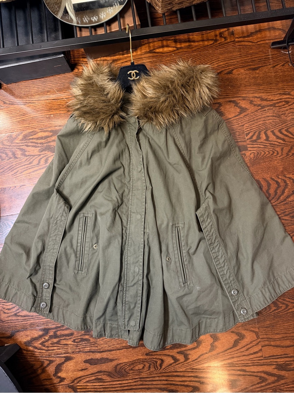 Gap Military Cape Womens Faux Fur Canvas Heavy Duty Green Poncho Lined M/L